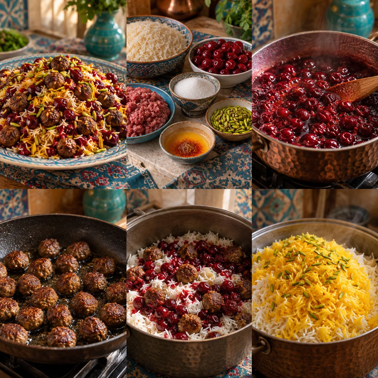 Riz aux griottes, safran & boulettes