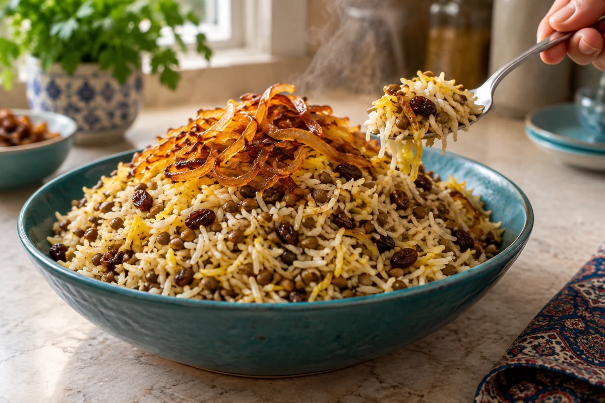 Riz aux lentilles, raisins & oignons dorés