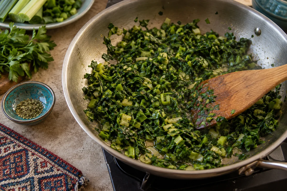 Ghormeh sabzi, étape 2 : Faire revenir · 15–20 min