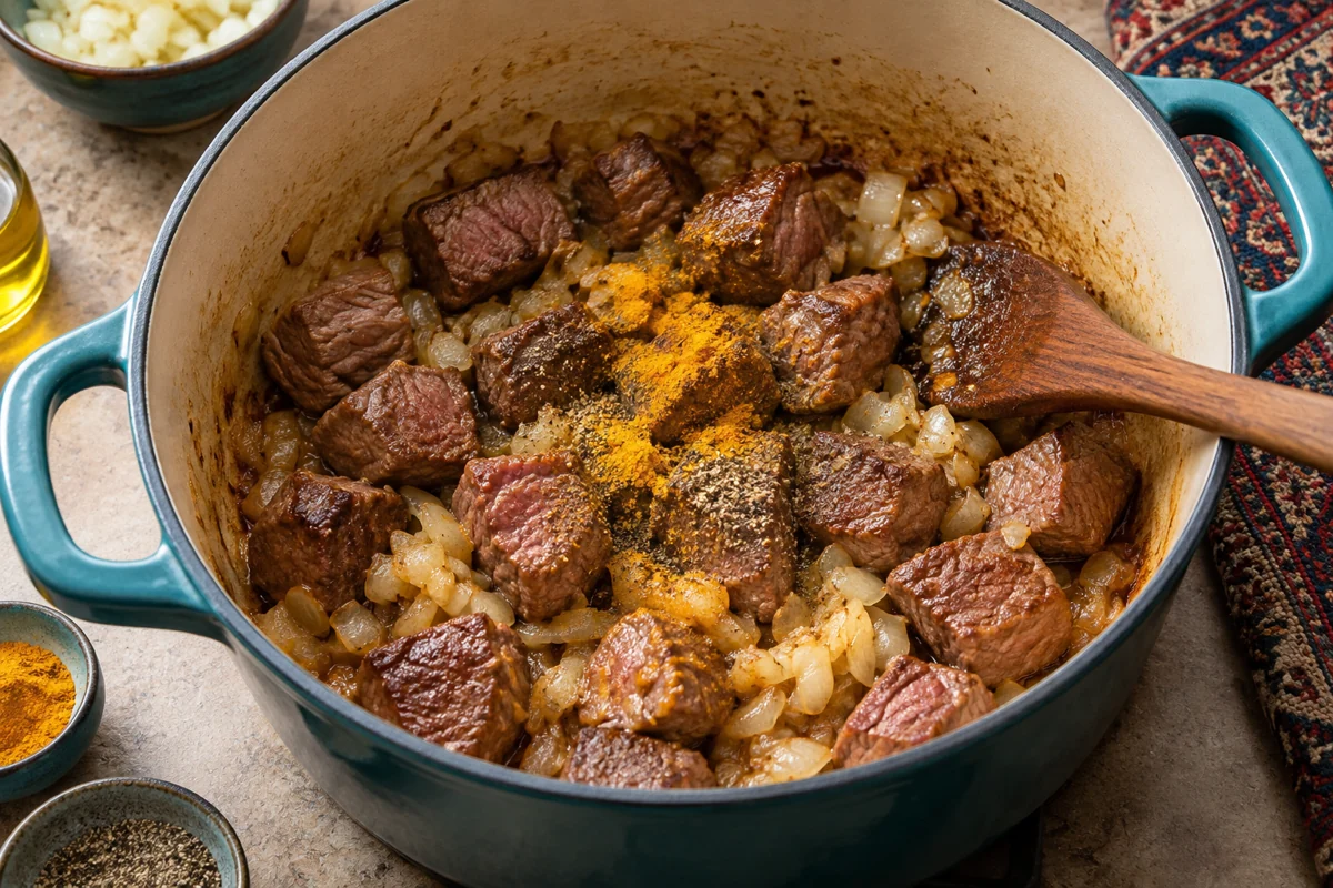 Ghormeh sabzi, étape 3 : Saisir la viande · 10 min