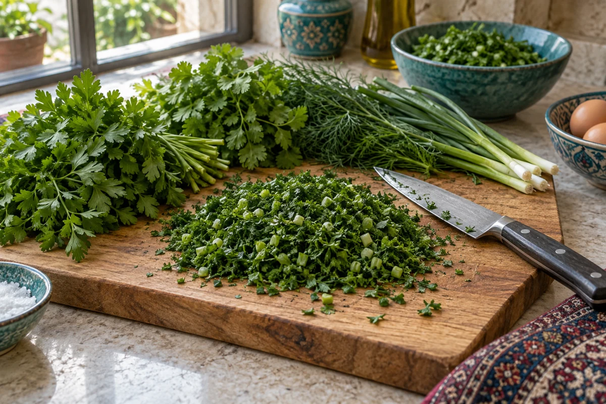 Kuku sabzi, étape 1 : Hacher les herbes