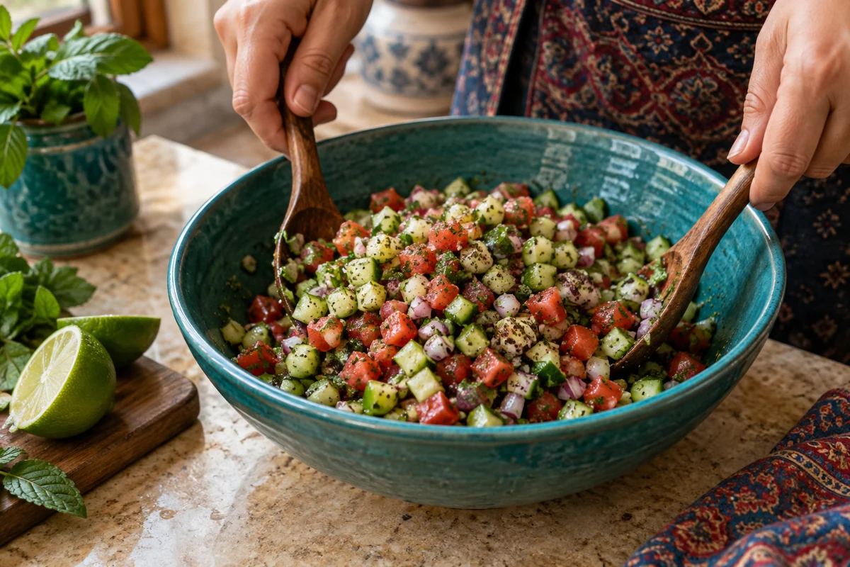 Salade shirazi, étape 3 : Assaisonner et servir